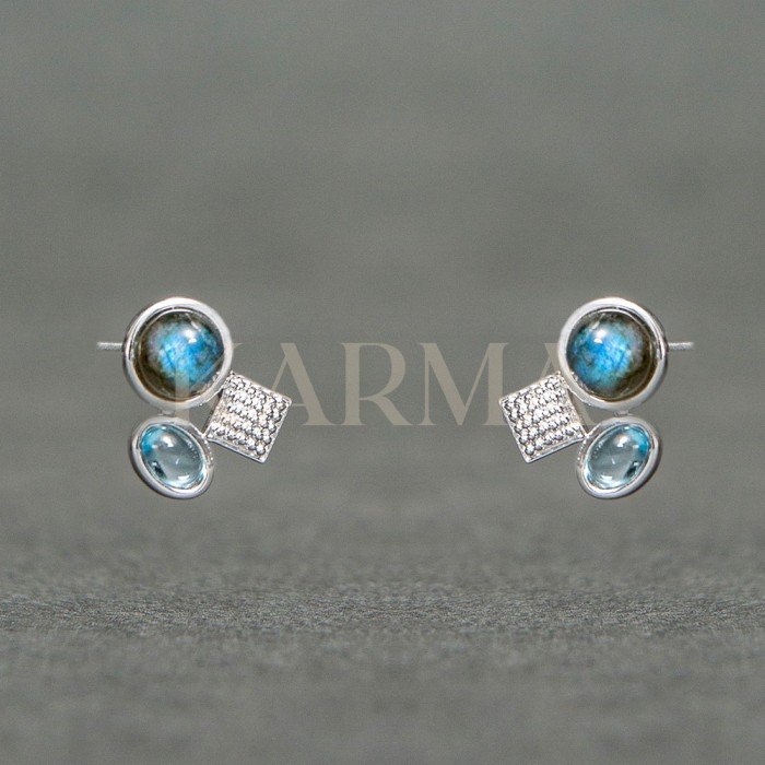 Rhodium Plated Sterling Silver Earrings with Labradorite And Blue Topaz